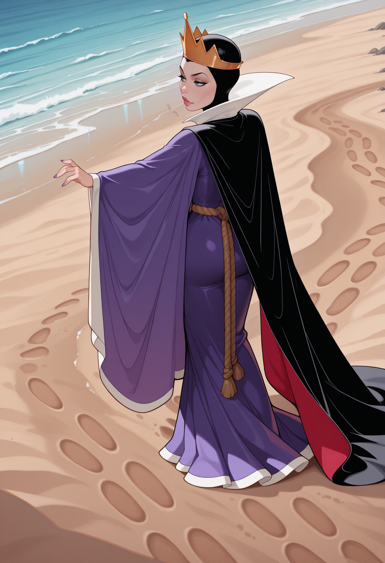 masterpiece, best quality, amazing quality, , ,evilq33n, <lora:evilQueenIllustrious:1>
cape, purple dress, crown,  rope belt, beach, walking, footprints,  sand,