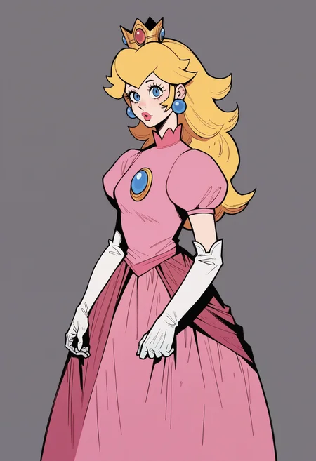 score_9, score_up_7, <lora:Mike_Mignola-guy90-Pony-Lycorisv1:1> alomik, 1girl, solo, princess peach, dark background, dress