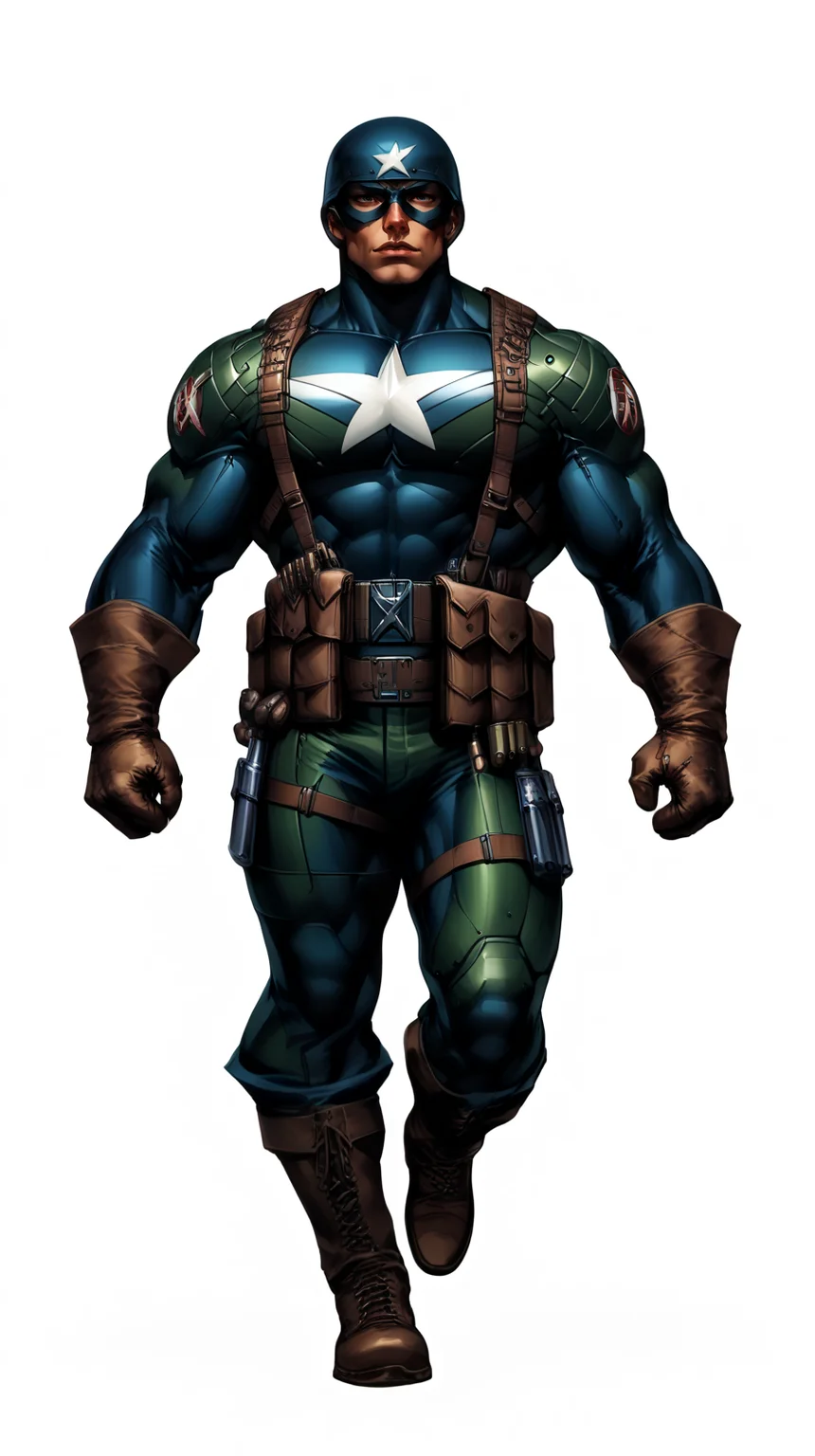 score_9, score_8_up, score_7_up, a man with a strong jaw in a tactical navy blue (muscled superhero costume with green armored highlights:1.2), (m1 helmet:1.4), (superhero domino mask:1.2), leather gloves, laced combat boots, bullet bandolier across his chest, gunslinger belt, huge biceps, (white background:1.2), character design, concept art, detailed face, high Detail, Sharp focus, dramatic, (full body shot:1.2), (solo:1.2), <lora:ArtgermLycoXL:0.5> <lora:c0rb3nXLP:0.5> c0rb3n <lora:detailed_hands:1> hands, <lora:ComicsPonyXL_V2:0.7> Comistyle <lora:WW2_Superhero_Costume:1>