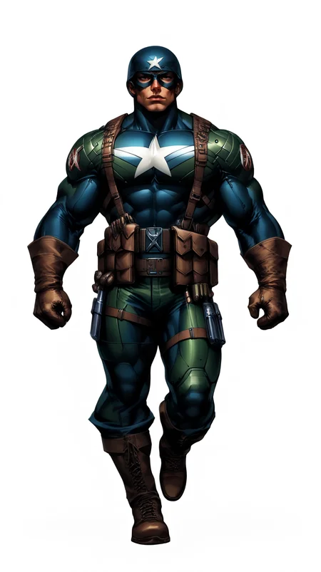 score_9, score_8_up, score_7_up, a man with a strong jaw in a tactical navy blue (muscled superhero costume with green armored highlights:1.2), (m1 helmet:1.4), (superhero domino mask:1.2), leather gloves, laced combat boots, bullet bandolier across his chest, gunslinger belt, huge biceps, (white background:1.2), character design, concept art, detailed face, high Detail, Sharp focus, dramatic, (full body shot:1.2), (solo:1.2), <lora:ArtgermLycoXL:0.5> <lora:c0rb3nXLP:0.5> c0rb3n <lora:detailed_hands:1> hands, <lora:ComicsPonyXL_V2:0.7> Comistyle <lora:WW2_Superhero_Costume:1>