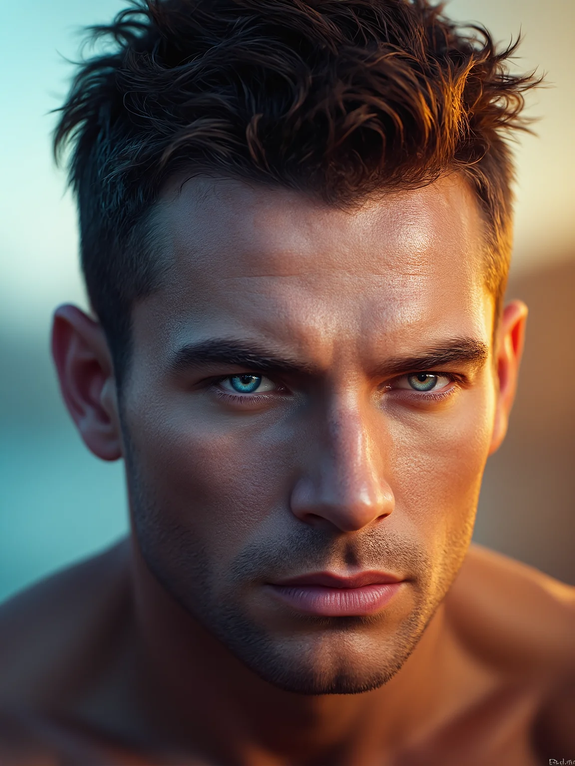 A stunningly realistic portrait of a chiseled, handsome man with piercing blue eyes, strong jawline, and sharp facial features, set against a blurred, gradient background that transitions from soft cool blues to warm golden oranges, evoking a sense of depth and dimensionality. Triadic lighting sculpts his face, with cool blue tones casting subtle shadows on one side, while warm orange highlights dance across the other, accentuating the contours of his features. His expression is contemplative, with a hint of introspection, inviting the viewer to ponder his thoughts. Skin texture is meticulously detailed, with soft shadows, realistic reflections, and subtle imperfections that give the impression of life-like authenticity. Inspired by the hyper-realistic styles of Ash Thorp, Simon Stalenhag, and Loish, with an ultra-detailed, cinematic quality reminiscent of 8k resolution concept art.