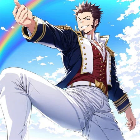 highres, masterpiece, high definition, high quality, napoleon bonaparte \(fate\), waist up, muscular male, facial hair, action pose, wind, jumping, blue sky, clouds, sunlight, one eye closed, smiling, rainbow in the background, (white pants), dark skin