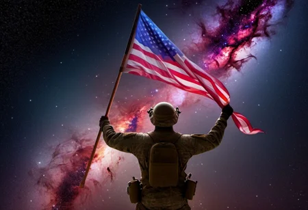 soldier holding american flag blowing in wind, (deep space, deep galactic travel background),Dark and eavil glow, glow neion paint, dark, surrealism, defined sharp edges, mystical, (multi-dimensional:1.2), psychedelic art