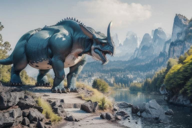 (Realistic:1.5) EdobLandscapeAlpha , outdoors, ((a big triceratop is roaming the landscape)), thorns, signature, blue theme, evening, alien, bridge, solo, rock, forest, <lora:EdobLandscapeAlpha_v1.0:0.8>