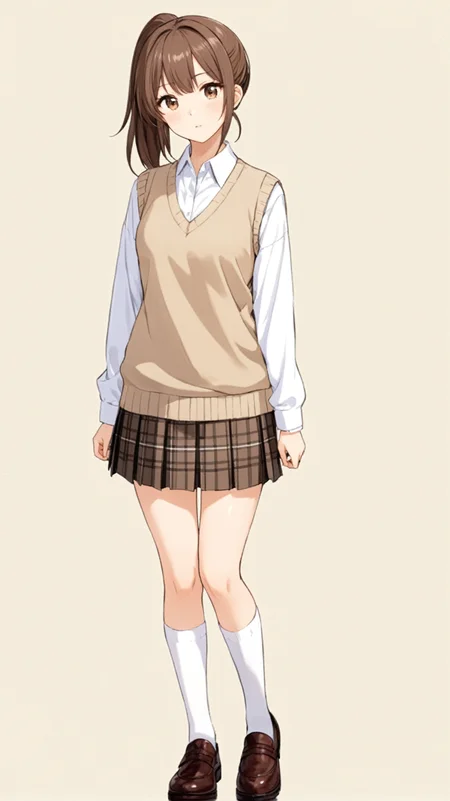 masterpiece,best quaity,
<lora:yunatoomi.sdxl.v3:0.3>
yuna toomi
1girl,solo, brown hair, ponytail,
brown eyes,
school uniform, white shirt, collared shirt, long sleeves
plaid skirt, pleated skirt,
white kneehighs,
brown footwear,
sweater vest, beige sweater,
standing,
full body,
simple background,