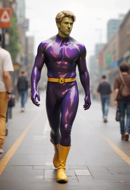 score_9, score_8_up, score_7_up, green face, mature, adult male, colored skin, superhero, latex, short blonde hair male, ((violet bodysuit)), violet superhero, yellow belt, yellow boots, walking, depth of field, 32k UHD resolution, best quality, high quality, full body