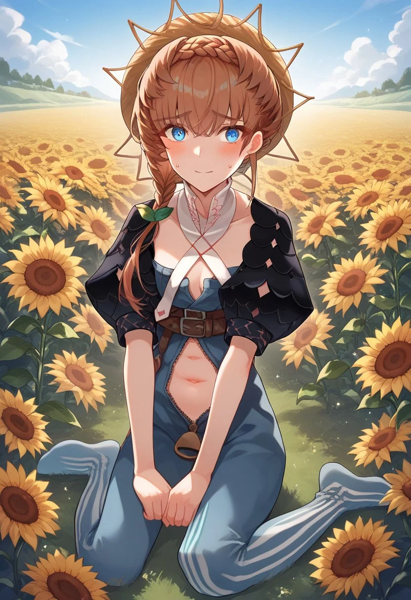 score_9, score_8_up, score_7_up, professional anime,1girl,female.solo,(Clytie Van Gogh from fate grand order),blue eyes, brown hair, side braid, braid, crown braid, straw hat, striped headwear, belt, blue overalls, navel, puffy sleeves, black sleeves, short sleeves, cropped jacket, detached collar, Vertical-Striped Legwear,petite girl,short female,perfect body,a nervous smile,flower, holding sunflower, full body, outdoors, flower field,