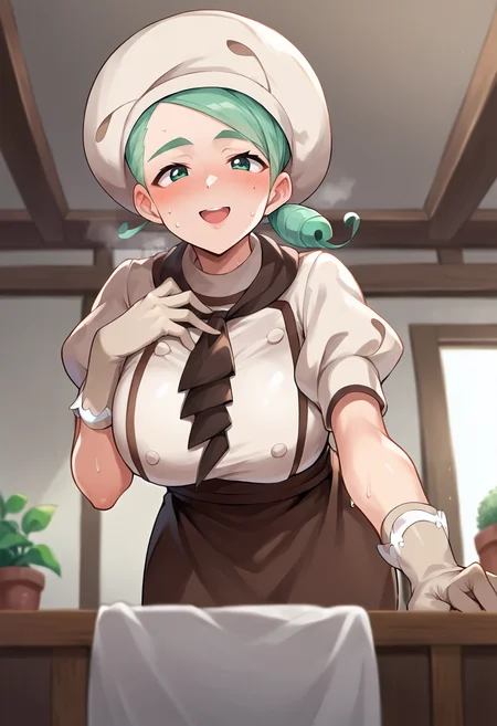 score_9, score_8_up, score_7_up, masterpiece, source_anime, 1girl, ct_k4ty, large breasts, brown shirt, puffy short sleeves, brown ascot, chef hat, brown apron, gloves, depth of field, indoors, house, looking at viewer, leaning forward, smile, blush, sweat, smell, hand on chest, from below,<lora:Katy_Pokemon_Pony_ct:0.9>
