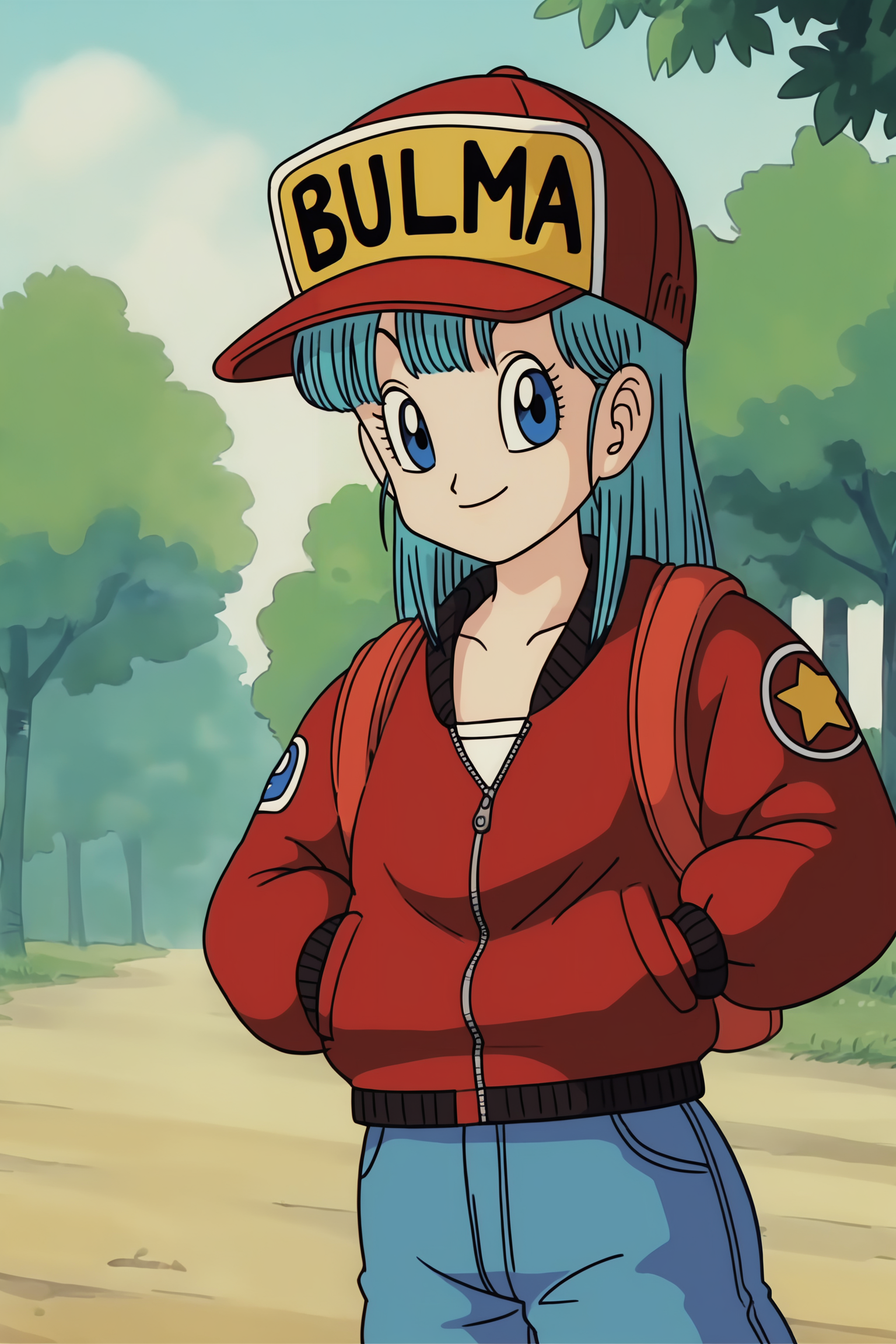source_anime, score_9, score_8_up, score_7_up, anime screencap, absurdres,
bulma \(dragonball\), official style, 1girl, backpack, solo, long hair, looking at viewer, smile, blue eyes, hat, aqua hair, jacket, upper body, outdoors, bag, tree, eyelashes, grass, nature, straight hair, hat writing, baseball cap, red jacket, forest, zipper, 1980s \(style\), arm at side, clenched hand, collarbone, character name, fringe trim, raised eyebrows, star \(symbol\), small breasts, eyebrows
<lora:DB_Bulma_v1:0.8>