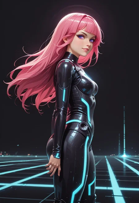 score_9, score_8_up, score_8, masterpiece, best quality, good quality, very aesthetic, absurdres, newest, 8K, depth of field, focused subject, dynamic angle, side view, 1girl,solo, CivChan, android, holofoil glitter, faint, glowing, ethereal, neon hair, glowing hair, long hair, purple eyes, bodysuit, standing looking sweet, stance, coy, looking at viewer, happy, emote {), sci-fimasterpiece, best quality, good quality, very aesthetic, absurdres, newest, 8K, depth of field, focused subject, dynamic angle, side view, 1girl,solo, CivChan, android, holofoil glitter, faint, (glowing:1.5), ethereal, neon pink hair, glowing hair, long hair, neon purple eyes, looking at viewer, serious, zzCitronLegacy,
Looking like the character Gem from the movie Tron Legacy, black suit with glowing purple circuits, thick thighs, white boots, black eyeliner, mischievous expression, rides a TRON Motorbike, tron, giant bike, with angular Speed trail, in a Neon landscape, towering (geometric) structures, dark with vibrant electric-cyan highlights, cinematic sci-fi lighting, Shot with wide-angle lens, motion blur, ultra-detailed, photorealistic Tron style, black background elements, giant cyan glowing grid across the entire background,