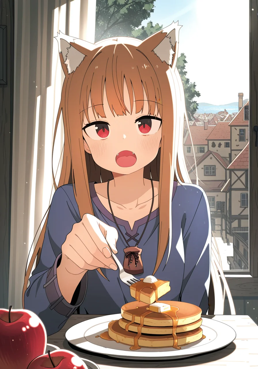 solo kemono, holo \(spice and wolf\), looking at viewer, holding tools, half-length portrait, looking at another, feeding, reaching towards viewer, holding fork, food on fork, cute fangs, pancake, apple, coffee, (particles effect:1.25), BREAK, masterpiece, best quality, high quality, backlighting, [:by Ooide Chousuke, by Luke \(Dydansgur\):0.15], detailed background, detailed foreground, curtain, sunlight, morning, tree, [:town, white building, harbor, white table, sky:0.05]