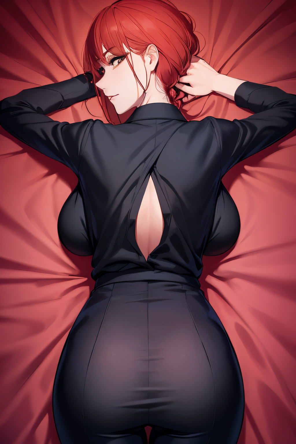 (view from back) woman Lying on stomach with hands propping up head, (shirt, tie, pants:0.5) (detailed realistic face), (((hyperdetailed))), zoomed out, symmetrical face, detailed pupil, expressive eyes, makeup, real photography, modern look, Real photography (Realisitc:1.5)  <lora:EdobMakima_v1.0:0.8>
