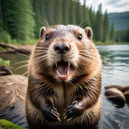 cinematic film still ((Magazine Photography)),photo, angry beaver <lora:Meme_soph-PhotoBombv2-SDXL:0.8>, forest dam . shallow depth of field, vignette, highly detailed, high budget, bokeh, cinemascope, moody, epic, gorgeous, film grain, grainy