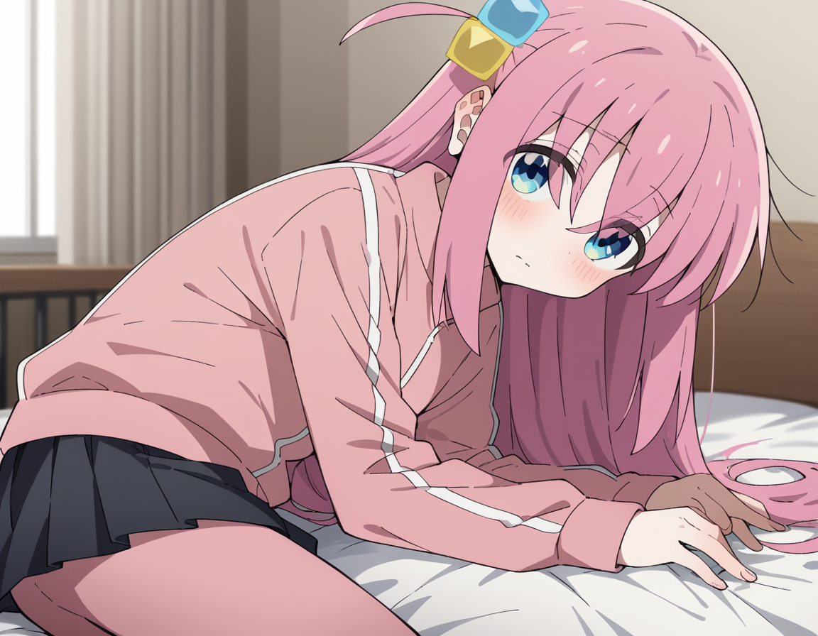 score_9, score_8_up, score_7_up, source_anime,
hitorigotou, <lora:hitori-gotou-s1-ponyxl-lora-nochekaiser:1>,
hitori gotou, blue eyes, cube hair ornament, hair between eyes, hair ornament, pink hair, one side up, long hair,
black skirt, jacket, long sleeves, pants, pants under skirt, pink jacket, pink pants, pleated skirt, skirt, track jacket, track pants, track suit,
indoors, bed, bed room, on side, blush, drunk,
cowboy shot, solo, dutch angle, looking at viewer,