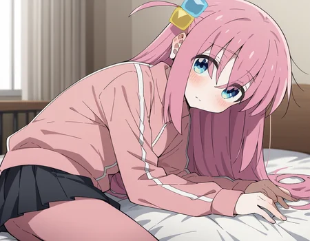 score_9, score_8_up, score_7_up, source_anime,
hitorigotou, <lora:hitori-gotou-s1-ponyxl-lora-nochekaiser:1>,
hitori gotou, blue eyes, cube hair ornament, hair between eyes, hair ornament, pink hair, one side up, long hair,
black skirt, jacket, long sleeves, pants, pants under skirt, pink jacket, pink pants, pleated skirt, skirt, track jacket, track pants, track suit,
indoors, bed, bed room, on side, blush, drunk,
cowboy shot, solo, dutch angle, looking at viewer,
