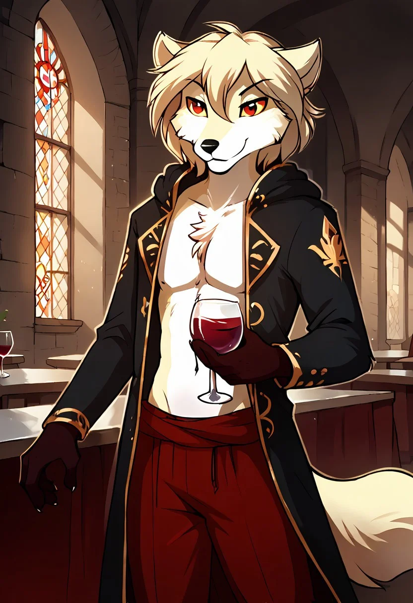 score_9, score_8_up, score_7_up,score_6_up,score_5_up, source_furry
BREAK
solo, furry male anthro, flat chest, (seductive), medieval red and black jacket with golden trim, (indoors, standing, palace), A glass of wine, a glass of wine in your hand
BREAK
<lora:Clovis-Twokinds-SDXL-AnonTK-V2:0.85>, clovis-twokinds, keidran, mammal, fox tail, red eyes, yellow sclera, <lora:p:0.35>