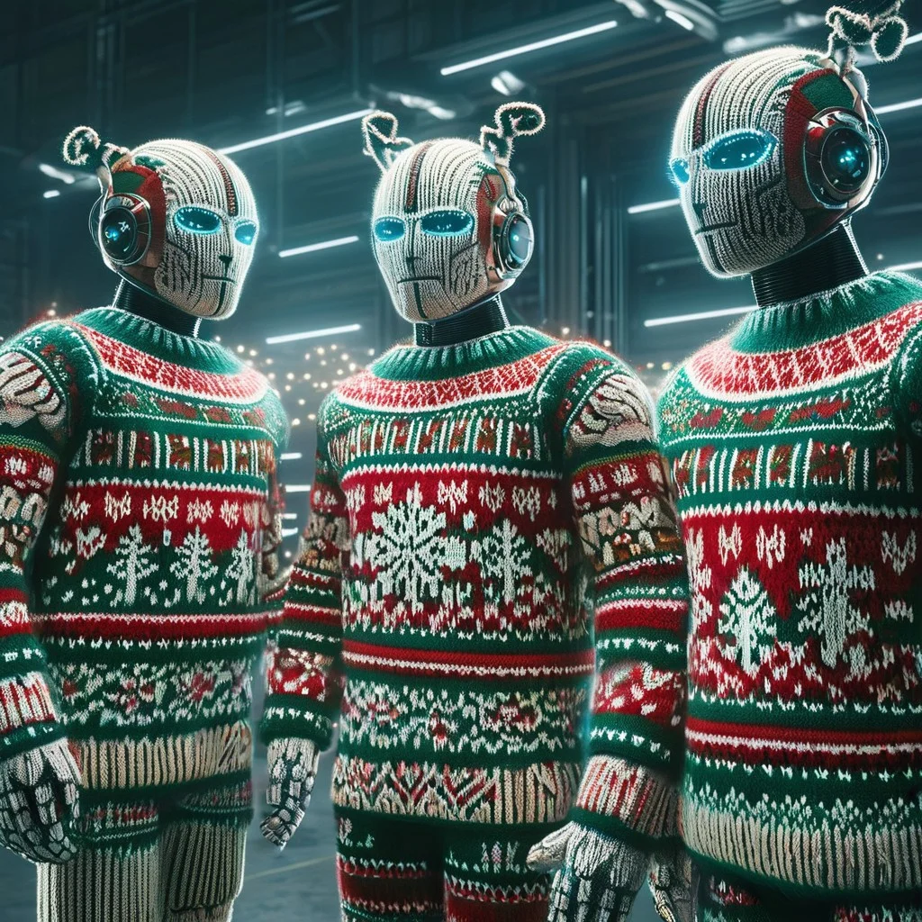 Humanoid robots with sleek, metallic designs celebrating Christmas in a futuristic factory. Each robot wears a knitted holiday sweater over its polished frame, with patterns of candy canes, Christmas trees, and glowing LED accents. The robots exchange glowing, high-tech gift boxes with holographic bows. The factory is adorned with futuristic holiday decorations, such as bioluminescent garlands and a mechanical Christmas tree. Intricate knit textures on the sweaters, vibrant holiday colors, cinematic lighting, 4K resolution. ChristmasSweater