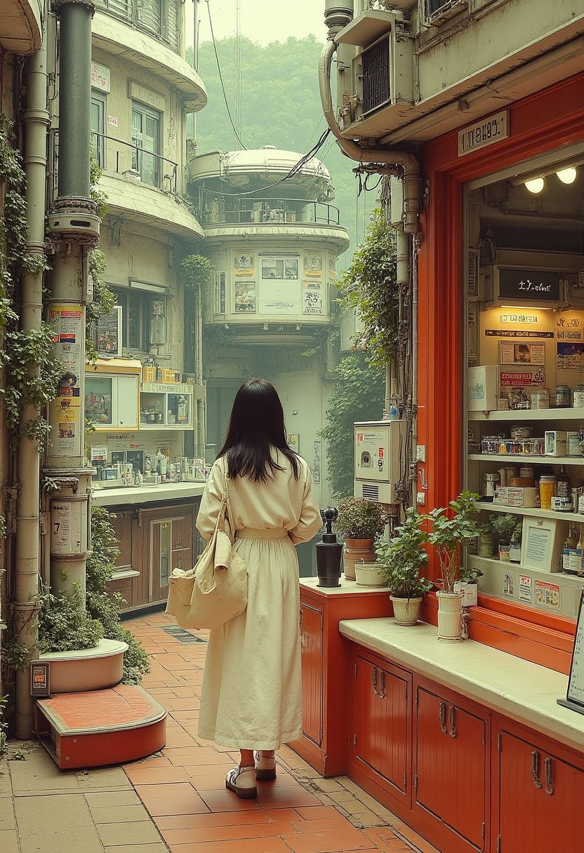 YFG-Asak retro futurism, 1girl, solo, black hair, standing, outdoors, scenery, stairs, wide shot, industrial pipe, very wide shot