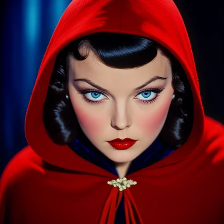 <lora:30sTechnicolorMovieV2SDXL:1> ArsMovieStill, movie still from a 1930s technicolor movie, The image shows a woman wearing a red dress and a red hooded cloak with a blurred background. Her face is clearly visible with her eyes looking directly at the viewer. Her hair is pulled back in a neat bun and her lips are painted a deep red. She has a mysterious and captivating expression on her face., 1girl, solo, red lips, blue eyes, makeup, black hair, looking at viewer, lipstick, bangs, portrait