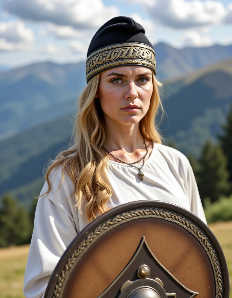 Dacian a woman with a falx and a white shirt is standing in front of a mountain. Woman wear a dacian hat and hold a dacian decorated ovel shield. <lora:DaciiV6:1>