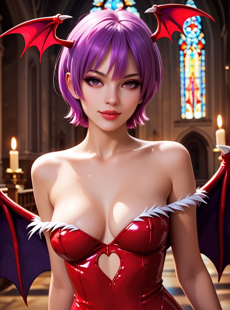 score_9_up, score_8_up, score_7_up, Portrait, Lilith Aensland, cute, seductive, innocent, light smile:0.3, plump lips, slender body, purple short hair, red leather body, bat wings, gothic church background, 4n1v3rs3, depth of field, dynamic angle, fashion photography, sharp, hyperdetailed:1.15