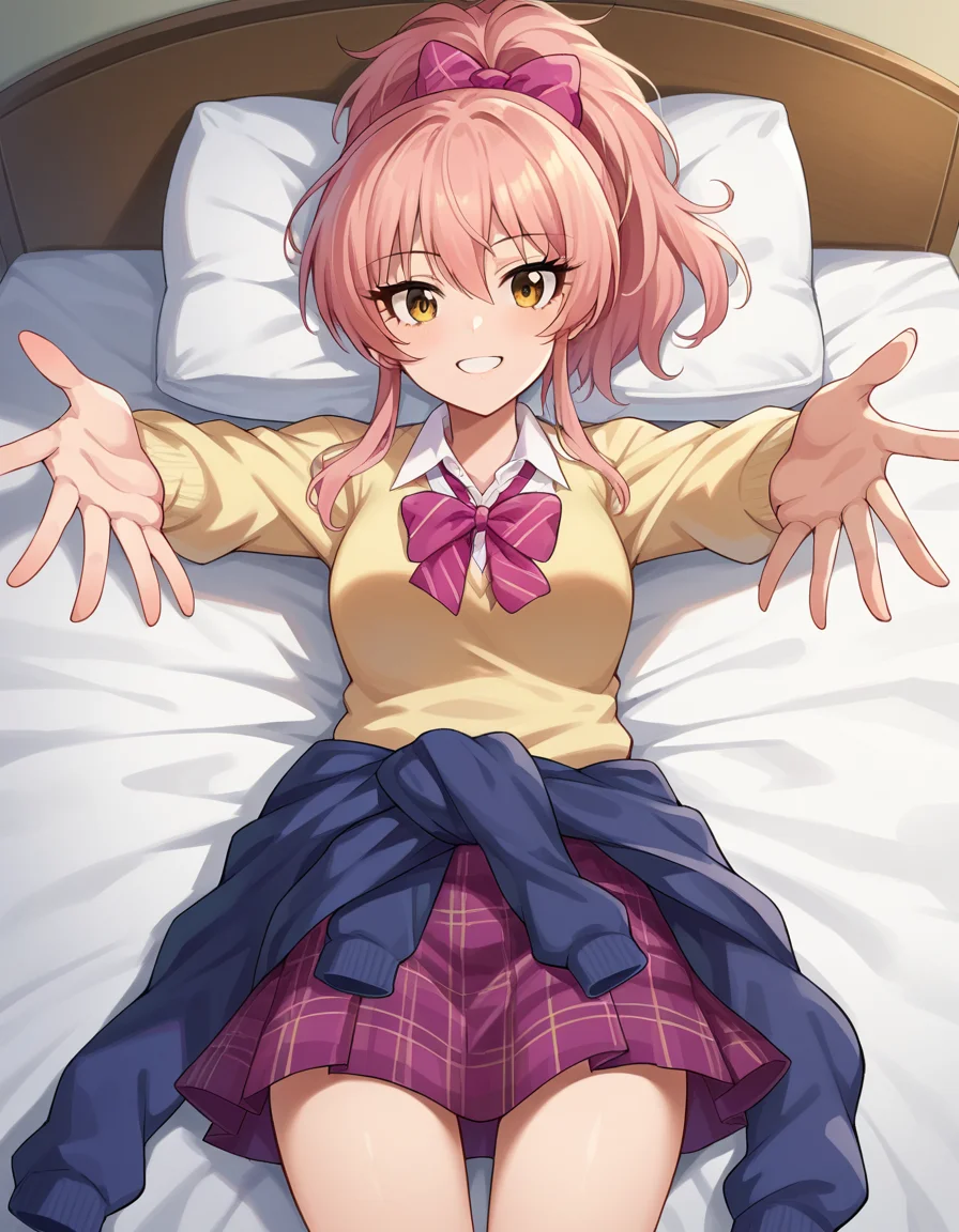 score_9, score_8_up, score_7_up, source_anime,
mikajougasaki, <lora:mika-jougasaki-ponyxl-lora-nochekaiser:1>
mika jougasaki, hair bow, long hair, pink hair, yellow eyes, ponytail, smile,
bow, clothes around waist, plaid, plaid skirt, school uniform, skirt, sweater, sweater around waist,
indoors, bed, bed room, on back, arm support, arms up, incoming hug, pov, reaching, reaching towards viewer,
looking at viewer, dutch angle, cowboy shot,