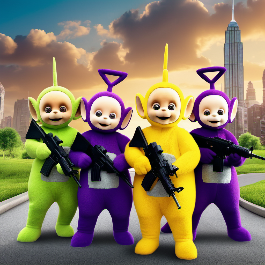 cinematic photo teletubbies with machineguns,  dollar sign on the head, city, money bills falls from the sky  <lora:Teletubbies1024:0.4> . 35mm photograph, film, bokeh, professional, 4k, highly detailed
