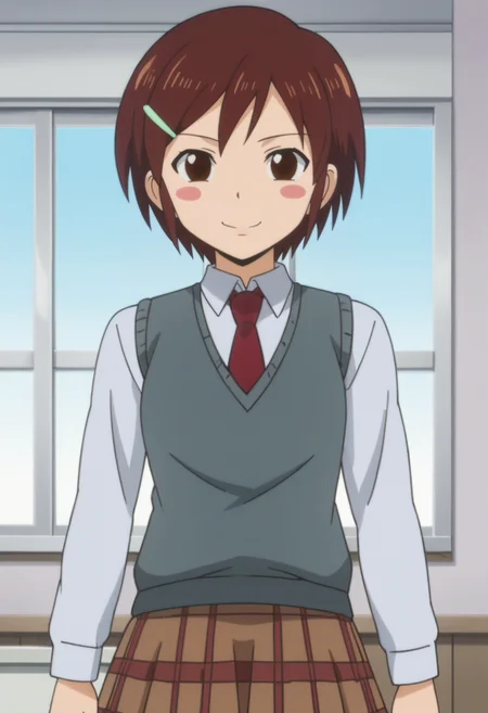 source_anime,anime screencap, anime coloring,intricate details,rating_explicit, masterpiece, best quality,
(best quality, absurd res, ultra detailed),,(4 finger:0.5),1girl, ((solo)), good eyes,perfect eyes,,detailed eyes, zPDXLxxx , zPDXL3,detailed, detailed face
BREAK
solo,indoors,standing,front view, full body,
ringo, 1girl, brown eyes, brown hair, short hair, blush stickers, hairclip, school uniform,
white shirt, long sleeves, sweater vest, necktie, skirt,
smile,
, <lora:add-detail-xl:2>  <lora:Ringo:0.8>
