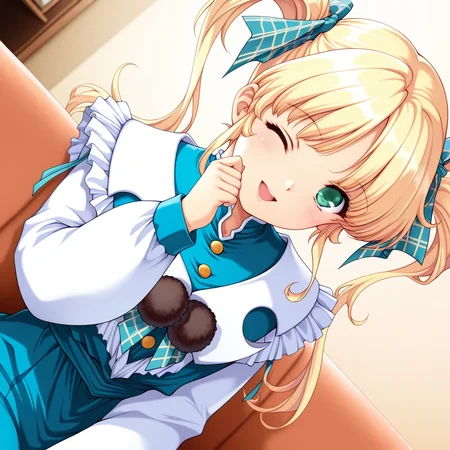 1girl,solo,<lora:IL_ootori_sisters:1>,z_siki,ootori naomi,blonde hair,blue hair ribbon,green eyes,twintails,
dutch angle,looking at viewer,living room,sit,smile,upper body,open mouth,blue dress,long sleeves,blue skirt,pom-pom,one eye closed,head tilt,, masterpiece,best quality,amazing quality,uncensored