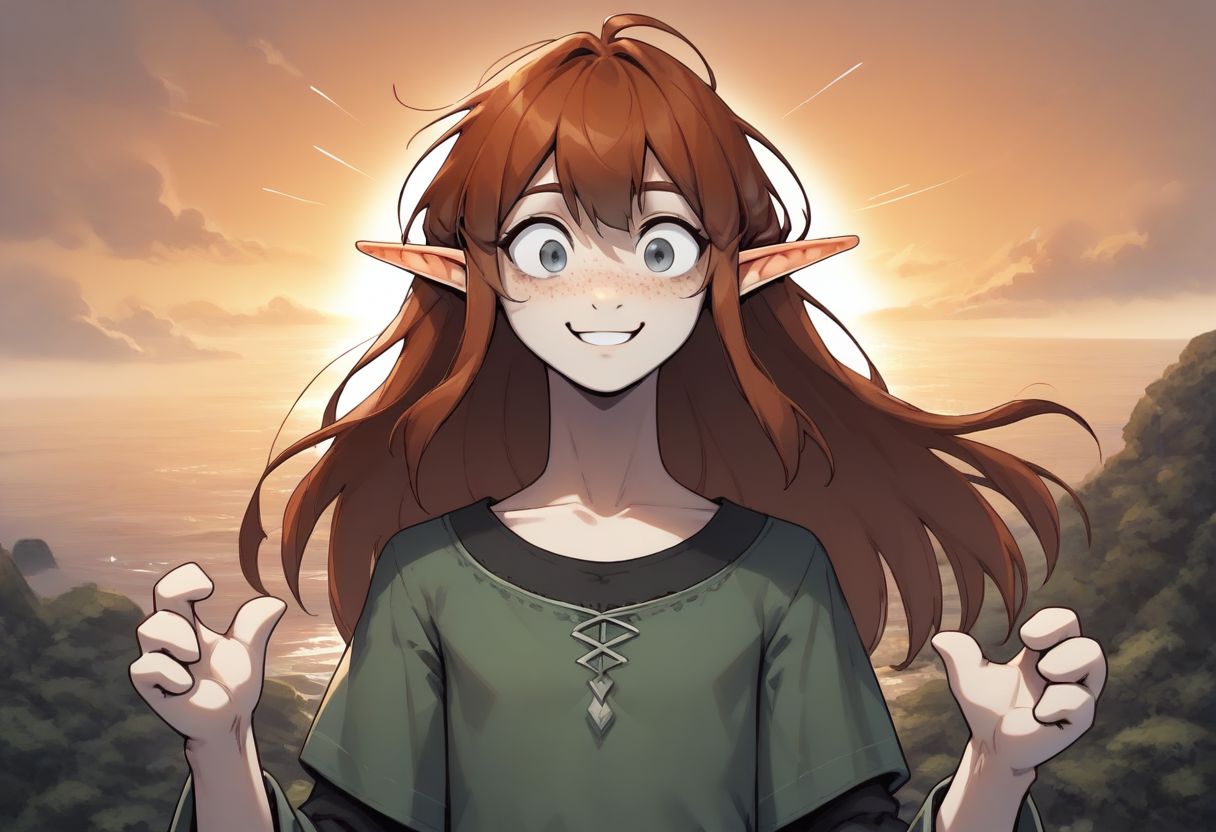 Lapanya, 1 person, solo, pointy ears, ((snout nose)), flat chest, light skin, freckles, tall, ((gray eyes, gray irises)):1.2, ((smiling, friendly expression)), auburn hair, long hair, several strands of hair sticking straight up, back-length hair, average build, small nostrils, ((3 fingers 1 thumb)), baggy long-sleeve green tunic, ((blue breeches))
Falling from the sky, falling headfirst, nosedive, midair, falling towards the ocean, wide eyes, wild expression
Clouds above, ocean below
clean lines, up close, upper body focus, highly detailed face, high quality, best quality,  score: 9, score: 8 up, rating: safe