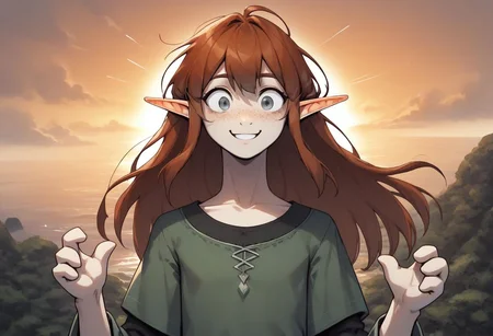 Lapanya, 1 person, solo, pointy ears, ((snout nose)), flat chest, light skin, freckles, tall, ((gray eyes, gray irises)):1.2, ((smiling, friendly expression)), auburn hair, long hair, several strands of hair sticking straight up, back-length hair, average build, small nostrils, ((3 fingers 1 thumb)), baggy long-sleeve green tunic, ((blue breeches))
Falling from the sky, falling headfirst, nosedive, midair, falling towards the ocean, wide eyes, wild expression
Clouds above, ocean below
clean lines, up close, upper body focus, highly detailed face, high quality, best quality, score: 9, score: 8 up, rating: safe