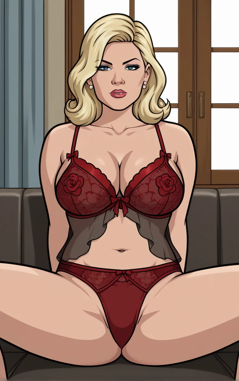 score_9, score_8_up, score_7_up, source_cartoon, sitting, spread legs, arms behind back, couch, window shade, indoors, depth of field, solo, looking at viewer, <lora:PONYXL_STYLE_Archer_ownwaifu_r1:0.7>, source_cartoon, BREAK PONYXL_STYLE_Archer_ownwaifu, blonde hair, 1girl, jewelry, large breasts, cleavage, lips, lipstick, makeup, parody, mature female , lingerie ,<lora:Expressive_H:0.15> <lora:add-detail-xl:0.15>,