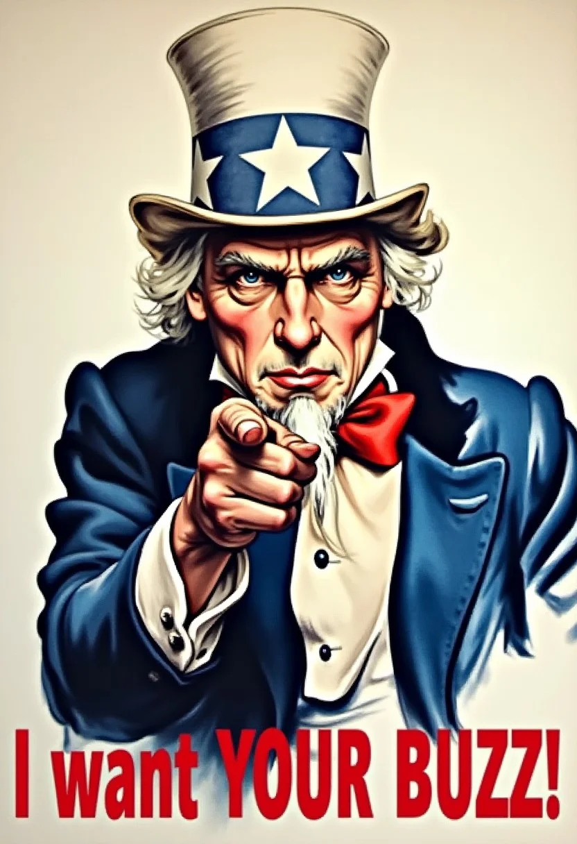 old gray man wearing blue top hat with white star and blue jacket pointing his finger at viewer , text at the bottom of the image "I want YOUR BUZZ!" written in red color
