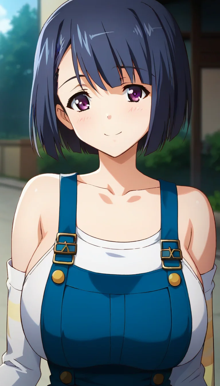 score_9,score_8_up,score_7_up,score_6_up BREAK official art,solo,outdoors,upper body,(portrait:1.5),looking at viewer,facing viewer,smile,blush,Akira Makino,blue hair,short hair,bob cut,bangs,purple eyes,collarbone,bare shoulders,pinafore dress,blue dress,white shirt,long sleeves,large breasts,white thighhighs,striped thighhighs,yellow thighhighs,zettai ryouiki,loafers,<lora:Akira Makino(oc2)-Pony:1.4>,