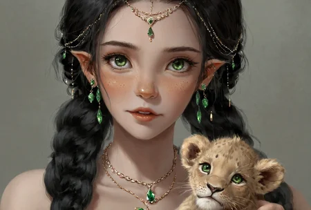 <lora:wlop_mobei:0.8>,wlop,The character has a fair complexion,with green eyes that are captivating and appear to be gazing directly at the viewer. Her black hair is adorned with a mix of jewelry,including earrings,a head chain,and braids. The character is also wearing a necklace with a prominent gem. She has freckles on her face and lips. The character is holding a young lion cub close to her,The overall mood of the image is serene and mystical,