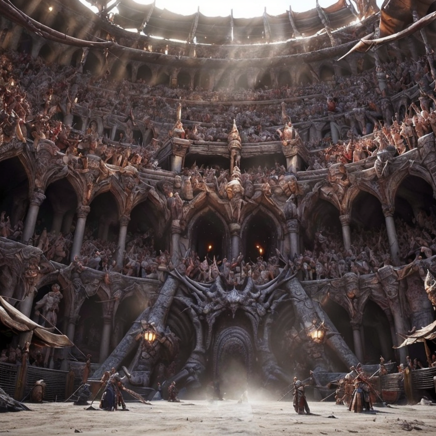 RAW photo, (masterpiece:1.3), subsurface scattering, heavy shadow, (high quality:1.4), (intricate, high detail:1.2), professional photography, HDR, High Dynamic Range, realistic, ultra realistic, photorealistic, high resolution, film photography, ambient lighting, atmospheric effects, <lora:detail_slider_v4:2>, OverallDetail, a male gladiator fighting in a fantasy arena, spectator crowd, <lora:Arena-10:1>,  epiCPhoto