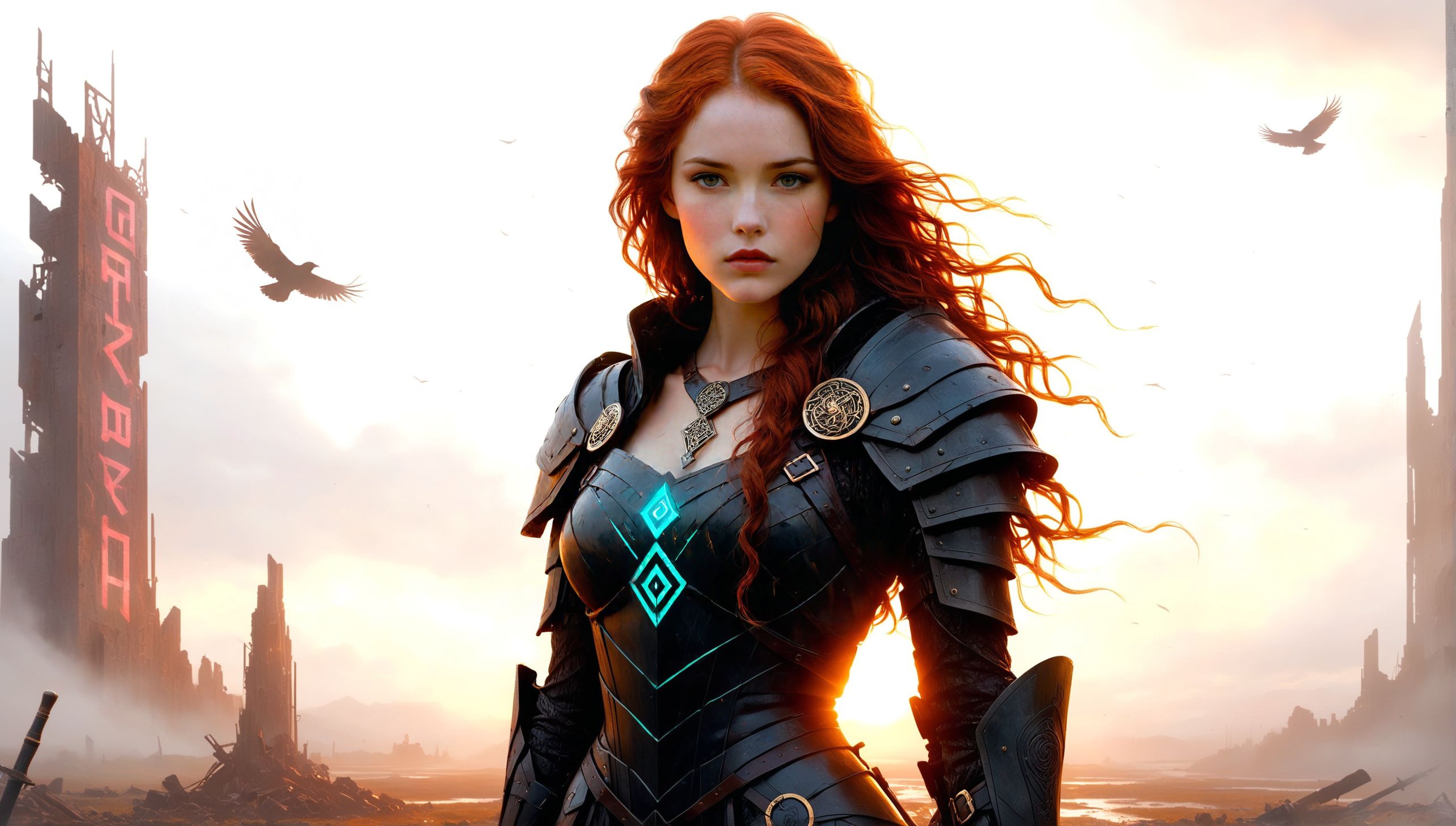 stormy background, full-length standing, dynamic pose, Anna_Keye, A dark Celtic goddess standing on a storm-lit battlefield at twilight, her long black hair swirling in the wind. She wears ancient armor woven with raven feathers and etched with glowing red runes. Her eyes reflect death and prophecy. In her hand, a twisted spear forged of obsidian and bone. The ground is covered in mist, revealing flickers of fallen warriors beneath. Behind her, decaying cyberpunk ruins stretch into the distance—collapsed megastructures, shattered neon signs flickering in the haze, remnants of a failed technocracy. Faint circuitry glows along her skin like ancient code. Lightning cuts through the crimson sky, illuminating her silhouette. Cinematic composition, moody lighting, digital art, 16:9 wallpaper, 4K, highly detailed, ethereal atmosphere.
