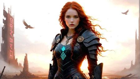 stormy background, full-length standing, dynamic pose, Anna_Keye, A dark Celtic goddess standing on a storm-lit battlefield at twilight, her long black hair swirling in the wind. She wears ancient armor woven with raven feathers and etched with glowing red runes. Her eyes reflect death and prophecy. In her hand, a twisted spear forged of obsidian and bone. The ground is covered in mist, revealing flickers of fallen warriors beneath. Behind her, decaying cyberpunk ruins stretch into the distance—collapsed megastructures, shattered neon signs flickering in the haze, remnants of a failed technocracy. Faint circuitry glows along her skin like ancient code. Lightning cuts through the crimson sky, illuminating her silhouette. Cinematic composition, moody lighting, digital art, 16:9 wallpaper, 4K, highly detailed, ethereal atmosphere.