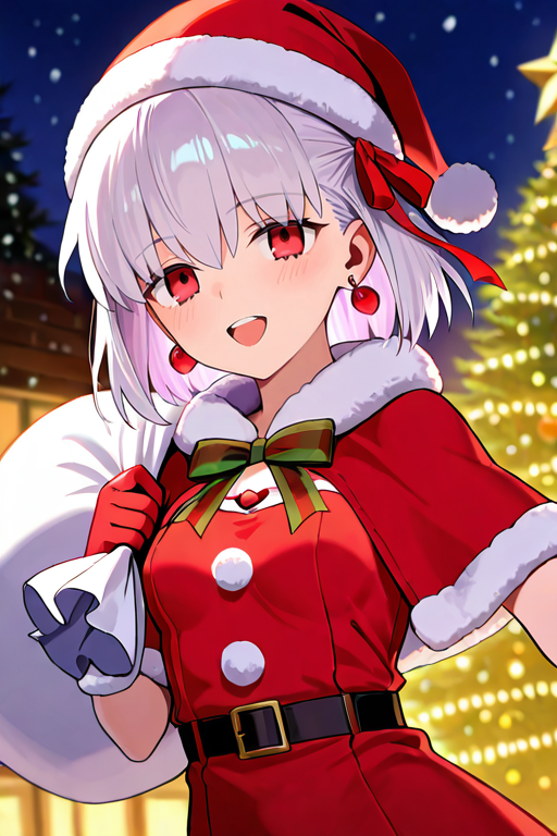 masterpiece, High quality, Ultra detailed, 2d, newest, absurdres, highres, BREAK
1girl, solo, <lora:kama_small:0.8>, kama_(fate), short hair, white hair, hair ribbon, red eyes, earrings, 
small breasts, kamasNd, santa costume, santa hat, christmas, sack, merry christmas, gift, fur-trimmed headwear, holding sack, santa dress, fur-trimmed dress, christmas tree, christmas tree, fur trim, red capelet, gift box, red gloves, fur-trimmed capelet, santa gloves, red hat, hat,