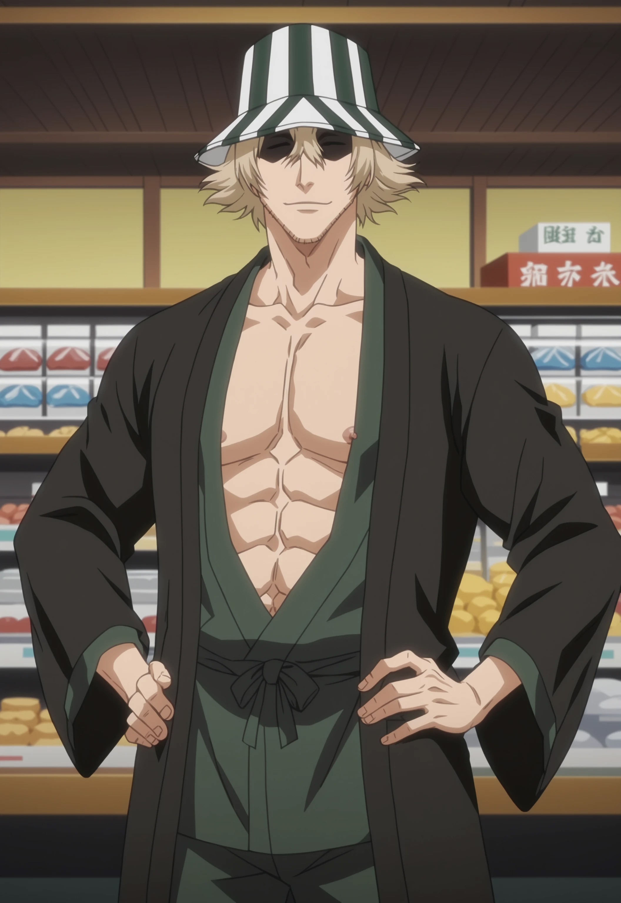 safe_pos, safe_pos, safe_pos, score_9, score_8_up, rating_nsfw, ultra hd, absurdres, best quality, ultra quality, masterpiece, masculine, solo, 1boy, male focus, best anatomy, best eyes, best hands, sexiest man alive, erotic, gay porn, hand with five fingers, mature male, anime screencap

BleachUrahara, hat, blonde hair, stubble, unseen eyes, japanese clothes, anime screencap, nipples, Japanese store background, happy trail, pubic hair, hairy body, hands on hip, Expressiveh