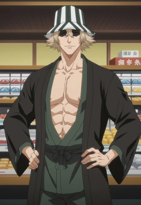 safe_pos, safe_pos, safe_pos, score_9, score_8_up, rating_nsfw, ultra hd, absurdres, best quality, ultra quality, masterpiece, masculine, solo, 1boy, male focus, best anatomy, best eyes, best hands, sexiest man alive, erotic, gay porn, hand with five fingers, mature male, anime screencap
BleachUrahara, hat, blonde hair, stubble, unseen eyes, japanese clothes, anime screencap, nipples, Japanese store background, happy trail, pubic hair, hairy body, hands on hip, Expressiveh