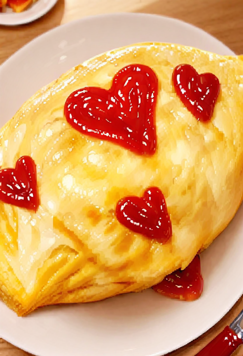 masterpiece, best quality, very aesthetic, absurdres,
omurice_heart, still life, food focus, plate, food, realistic, heart, ketchup, ketchup in a heart shape
 <lora:omurice_heart_SDXL_V1:1>