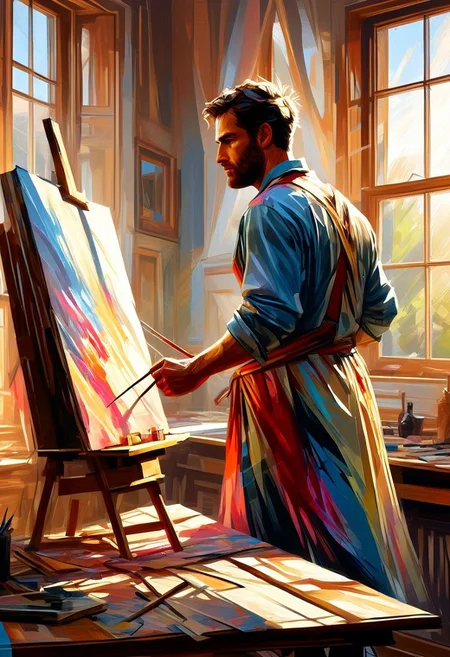 A focused Renaissance artist with a smudged apron and a palette of colors works on a canvas in a sunlit studio. Paintings in progress, wooden easel, soft light filtering through large windows, extreme close-up, portrait, warm tones.