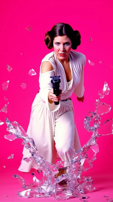 <lora:Carrie_Fisher_Flux:1.2> A dynamic, high-energy scene captures Carrie Fisher as Princess Leia Organa holding a blaster from starwars pointed at viewer in a fierce pose, mid-action as she bursts through a shattered glass surface, shards flying in all directions. Perfect hands. The background is a solid, vivid HotPink, creating a stark, intense contrast with the sharp, reflective fragments of glass. She's a young woman with fair skin and brown hair styled in two large, round buns, dressed in her iconic white, floor-length gown, which features a high neck and long, flowing sleeves. Her body is marked with small cuts from the glass, droplets of blood glistening under the light. Her expression is one of pure fury, his eyes locked onto the viewer as if they are the target of her rage. Her pose is explosive, one leg extended forward as if sheâs leaping through the air, his arms raised defensively or ready to strike. The glass shards around him are frozen in mid-air, their jagged edges catching the light and creating a chaotic, almost surreal effect. The HotPink background amplifies the intensity of the moment, evoking a sense of danger and raw emotion. The atmosphere is charged with adrenaline, the aftermath of his violent breakthrough palpable in every detail. The image feels as if itâs happening directly in front of the viewer, Carrie Fisher as Princess Leia Organaâs momentum and the flying glass creating a sense of immediacy and immersion. Itâs a moment of chaos and power, a snapshot of rage and determination frozen in time. The combination of the HotPink backdrop, the sharp glass, and Carrie Fisher as Princess Leia Organaâs fierce expression makes for a visually striking and emotionally charged composition. She goes forward, driven by duty and the promise of glory.