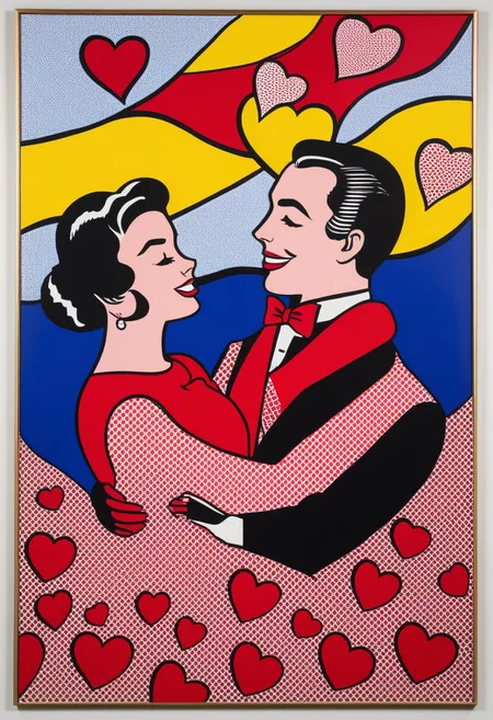 an painting of a happy couple in the style of roy-lichtenstein, many hearts in the background.