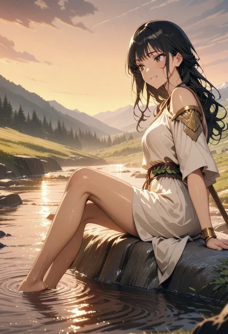 gorgeous lips, cinematic, (masterpiece), (best quality), (ultra-detailed), very aesthetic, illustration, perfect composition, intricate details, absurdres, detailed face, (anime, masterpiece, intricate:1.3), (best quality, hires textures, high detail:1.2), (4k),(incredibly detailed:1.4)
Footbath, beautiful girl,greek foot of a mountain, sitting on a rock in a crystal clear mountain stream, rocky water, calm water, ripples, black hair, long hair, toga,bronze shoulder pins, brown string belt, green leafy laurel,Ancient Greek Women's Clothing, shy smile, holding a staff, hair blowing in the breeze, whispy clouds in the sky, evening, summer, grassy mountains, far from the city center, mountainous countryside, footbath, perfect quality,cute smile, Looking back, beautiful scenery, high resolution,