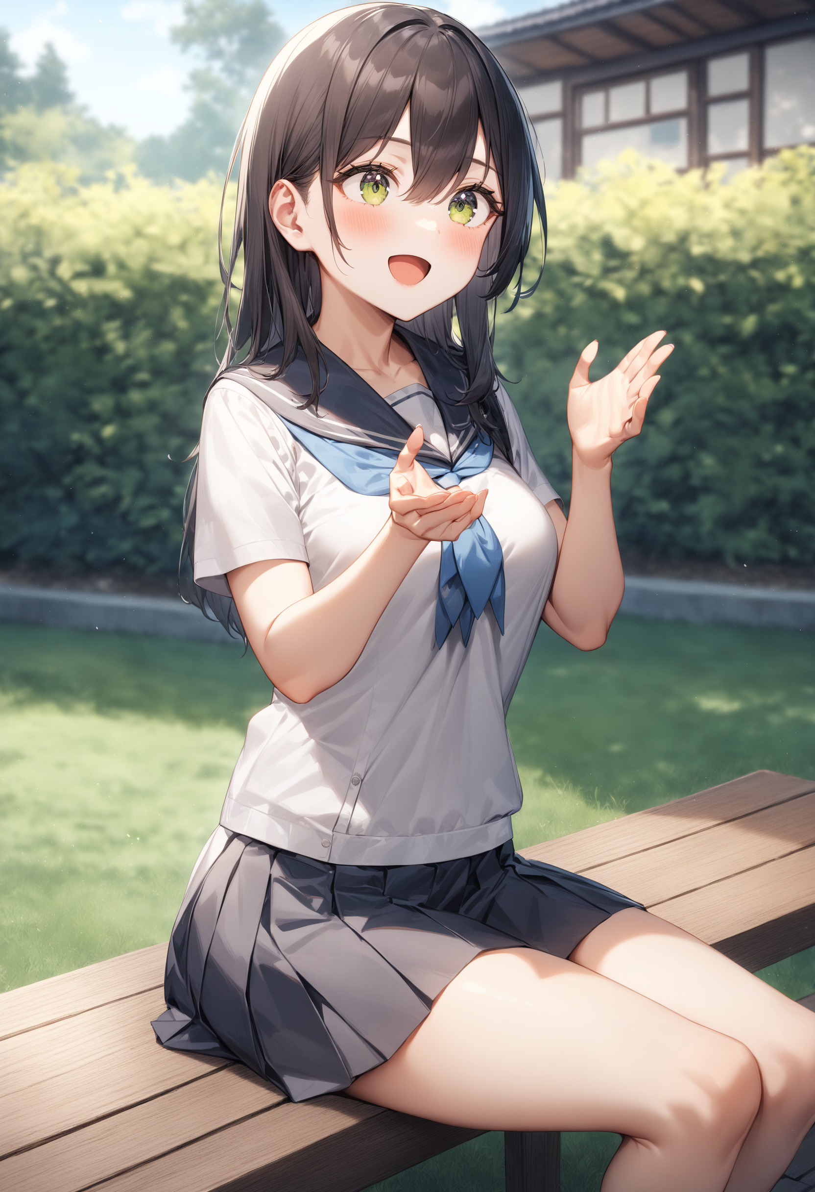 1girl, <lora:sdxl2-flat2-512b:-1>,medium breasts,school uniform,
potters wheel pose,<lora:potterswheelpose_XL_v1:0.7>open mouth, hands up, outstretched hand, sitting, looking away,
from side, cowboy shot,  kubrick stare, back yard,
masterpiece, best quality, very aesthetic, absurdres