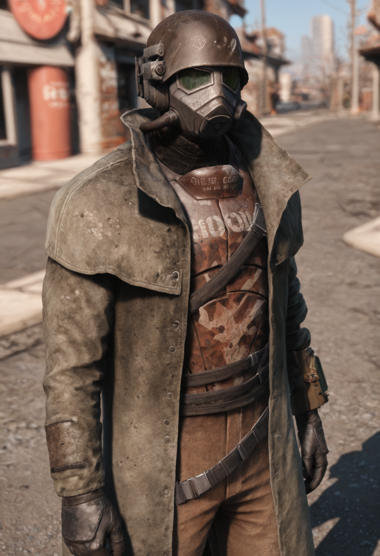 (score_9, score_8_up:1.1), score_7_up,
d3sertranger, helmet, 1boy, solo, upper body, (muscular), black gloves, gas mask, realistic photograph, (background neon city), <lora:Desert_Ranger_XL_-_Fallout_new_vegas:1>