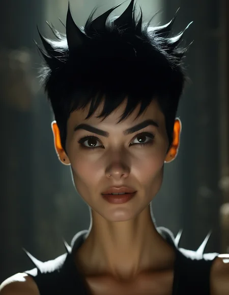 A mysterious portrait of a woman with short, spiky black hair, her angular face half-hidden in shadows, her dark eyes filled with secrets, her lips slightly curved in a knowing, enigmatic smile. <lora:usual-portrait-v2:1>
