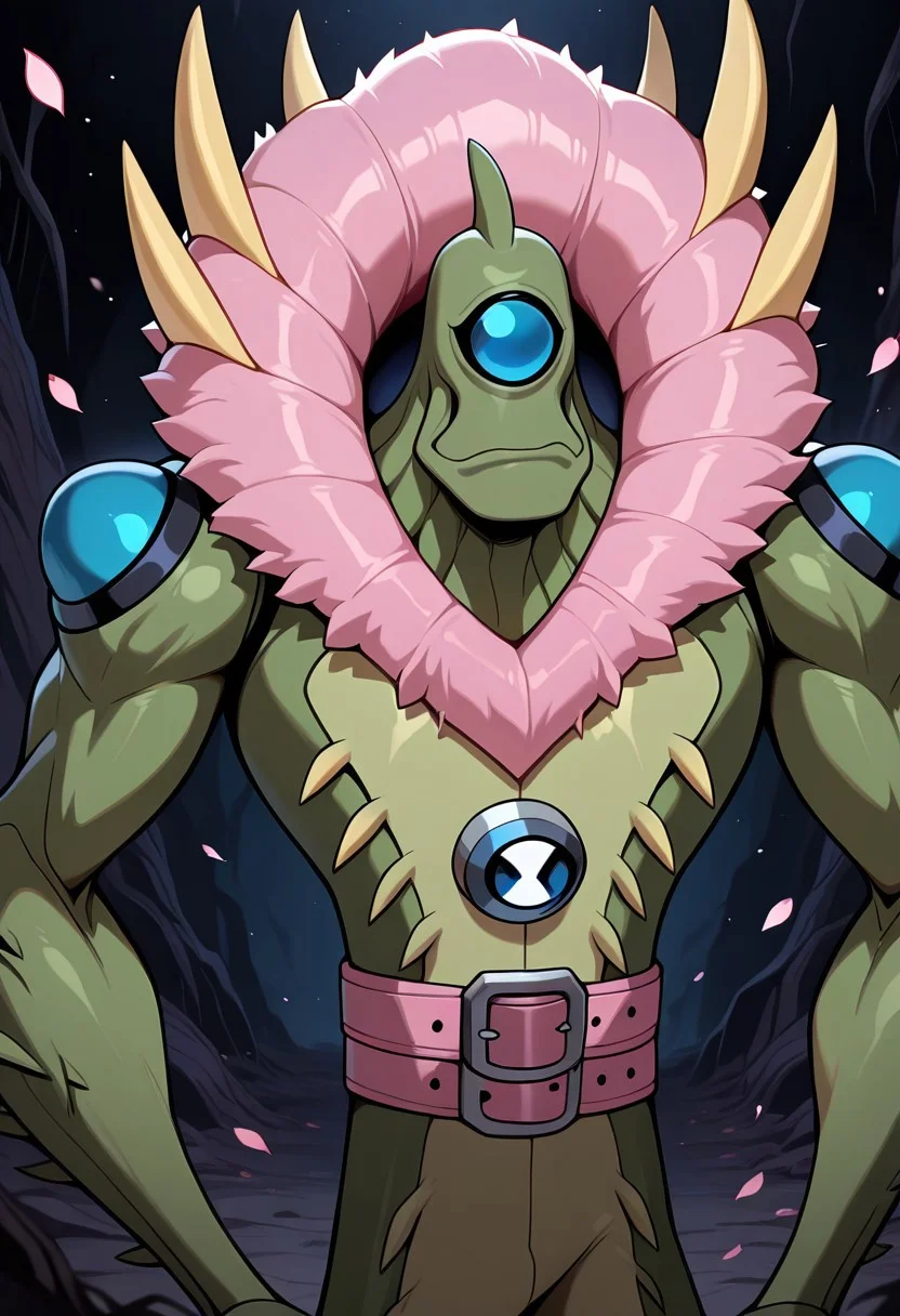 , masterpiece, best quality, amazing quality, very aesthetic, absurdres, newest,
wildvine, solo, , alien, monster, one eye, blue eye, , , spikes, no hair, 1boy, Digimon, 
expressive, very expressive, 
flower petal neck, flower ruff, yellow yead, pink ruff, big arms,